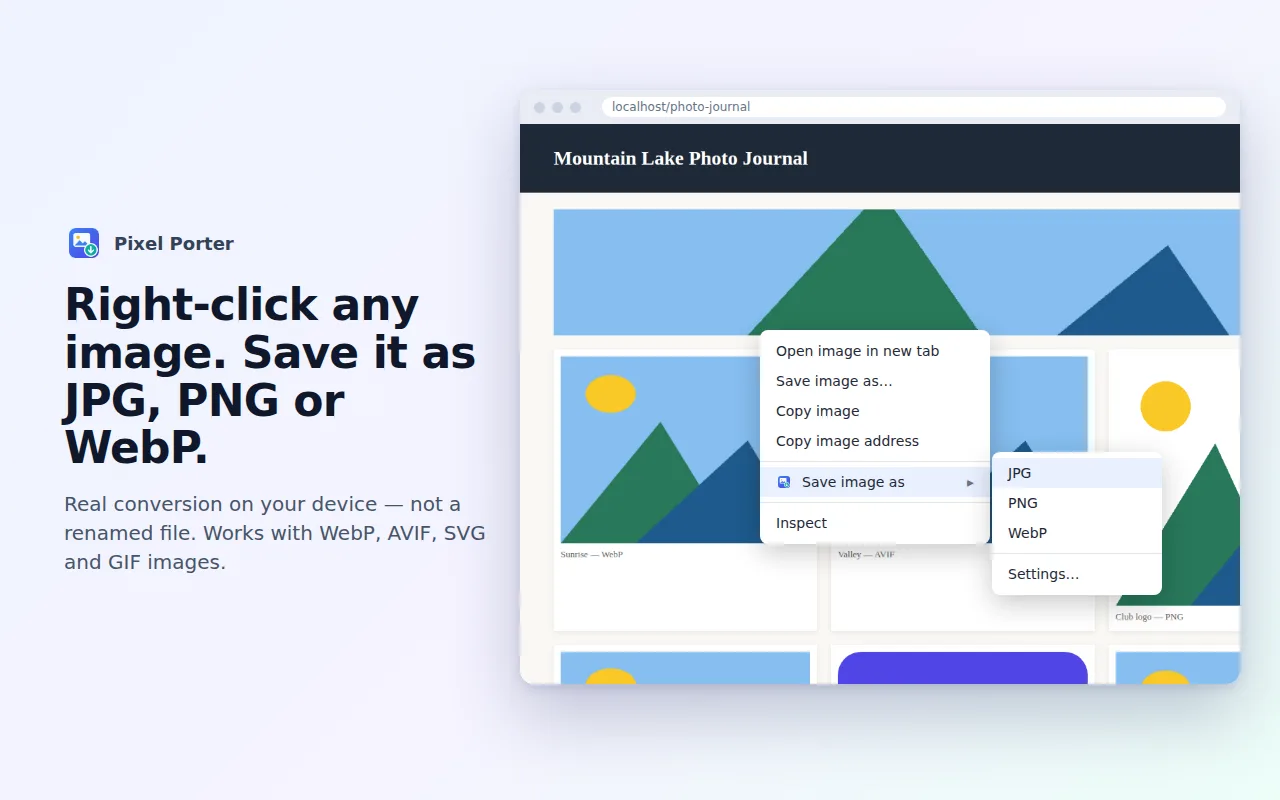 Pixel Porter adds "Save image as → JPG, PNG, WebP" to Chrome's right-click menu